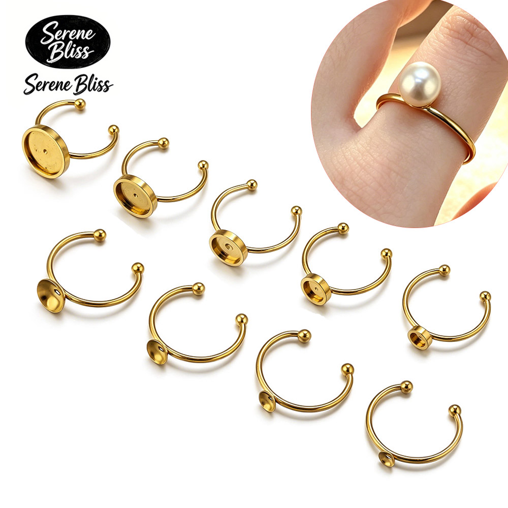 Jewelry Making Stones - 10個入り ステンレス製 丸型 調整可能 オープンリング セッティング