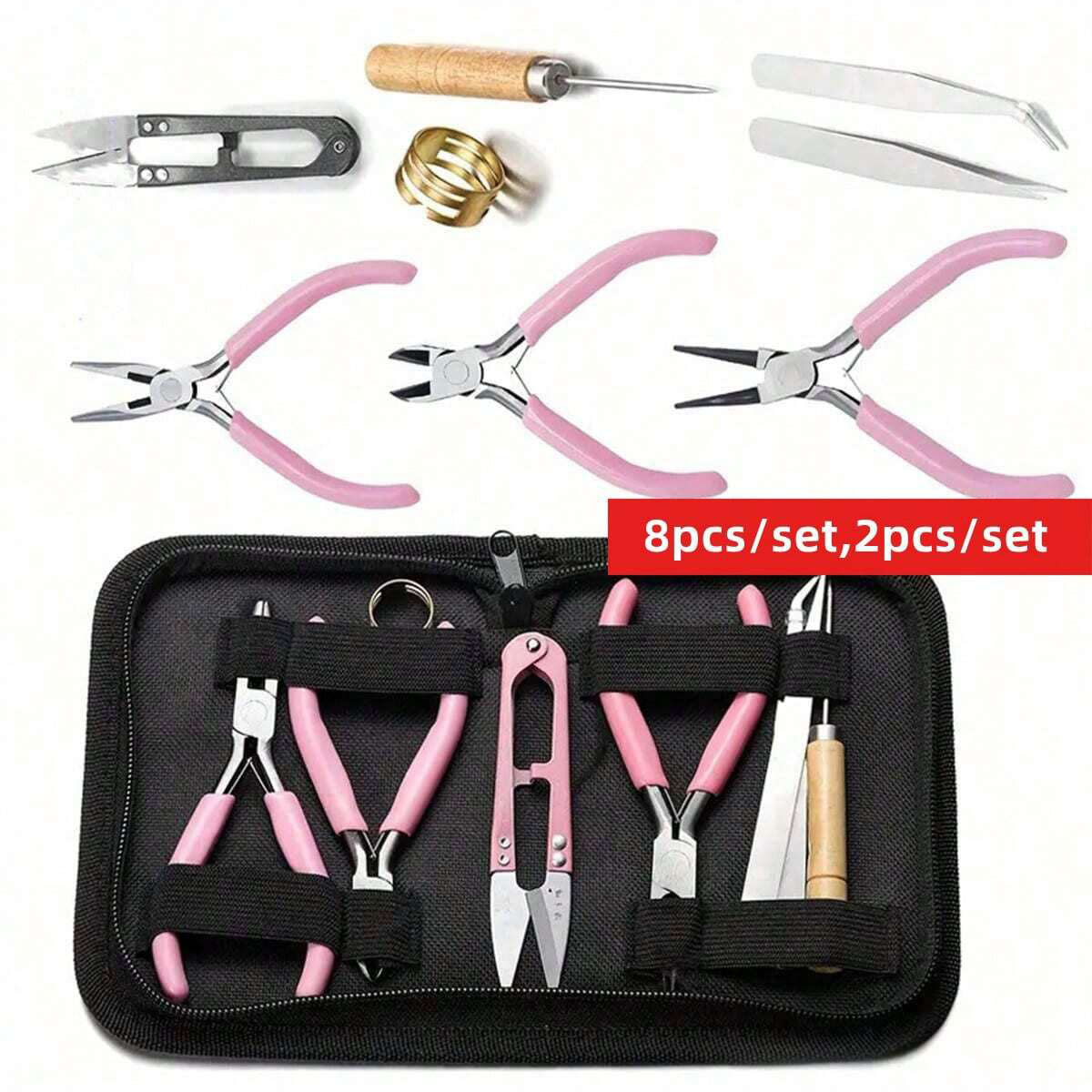 Jewelry Making For Seniors - 8個/セット、2個/セット ピンクの上級ジュエリー製作ツールセット、丸型ノーズプライヤー、尖型ノーズプライヤー、ワイヤーカッター、非鋸歯状プライヤーが含まれています。