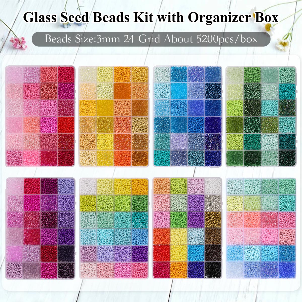 5200個 3mm ガラスシードビーズキット 24グリッド収 - Bead Organizer Tray のレビューと価格