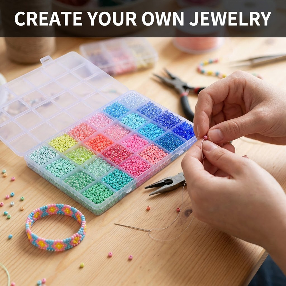 5200個 3mm ガラスシードビーズキット 24グリッド収 - Bead Organizer Tray のレビューと価格